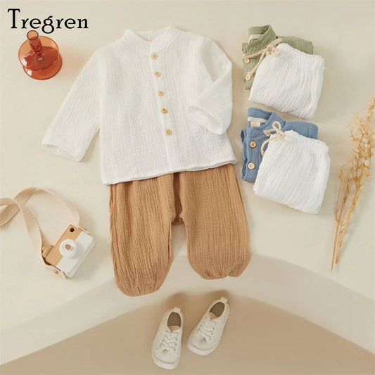 Tregren Kids Boy Cotton Linen Clothes Solid Color Buttons Long Sleeve Shirt Tops Elastic Waist Long Pants 2Pcs Set Fall Outfits