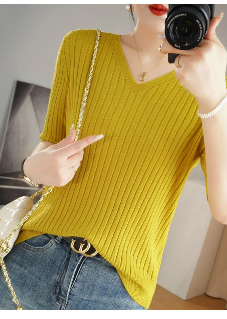 2024 new Women's Clothing Pullovers Sweaters Spring Summer New V-neck Short sleeved Knitted Shirt Base Shirt Solid Color Jumpers