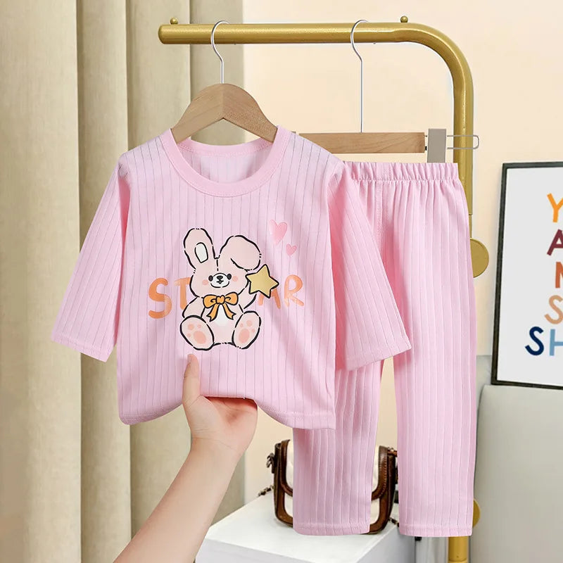 2023 Summer Long-sleeved Trousers Home Wear Suit New All Cotton Underwear Sets Babies Boys Cartoon Thin Sleepwear Pajamas Pants