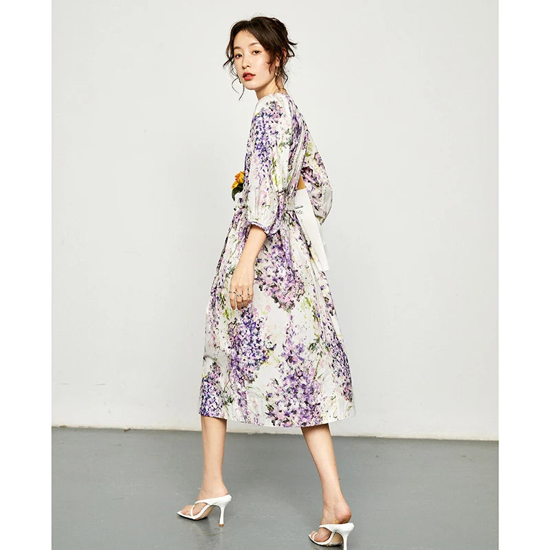 ARWEN & AJH GROUP  Summer Midi Dress Women Crew-neck Puff-sleeve Purple Floral Printed Self-tie High Quality