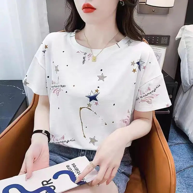 Fashionable Striped Short Sleeve T-Shirt Women Loose Letter Print 2024 Summer Trendy Korean Style Aesthetic Clothes