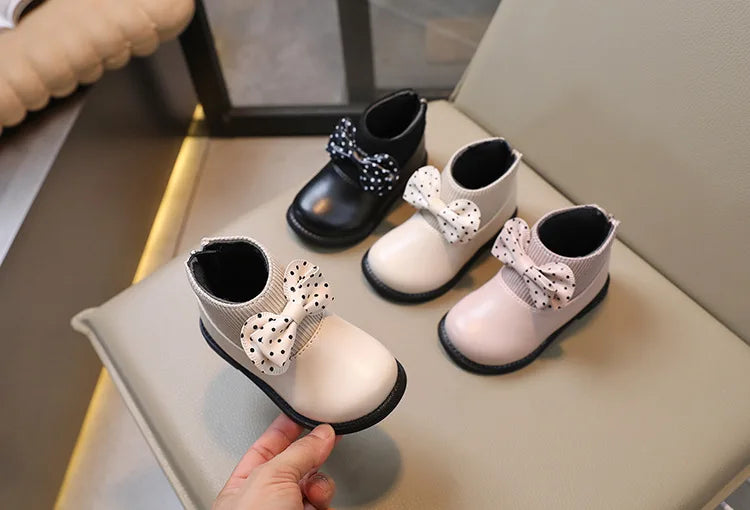 Children's Cotton Boots Winter New Kids Shoes Bow Girls Soft Bottom PU Leather Boots Baby Side Zipper Design Boots Toddler Shoes