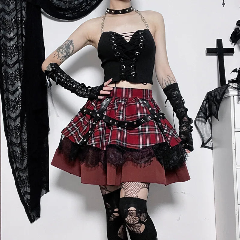 مجموعة اروين arwen&ajh group 2024  Gothic  Girls Plaid Pleated Skirt Punk Sweet Lace Kawaii Clothing  Lolita Cake Mini Skirts Cosplay Costume