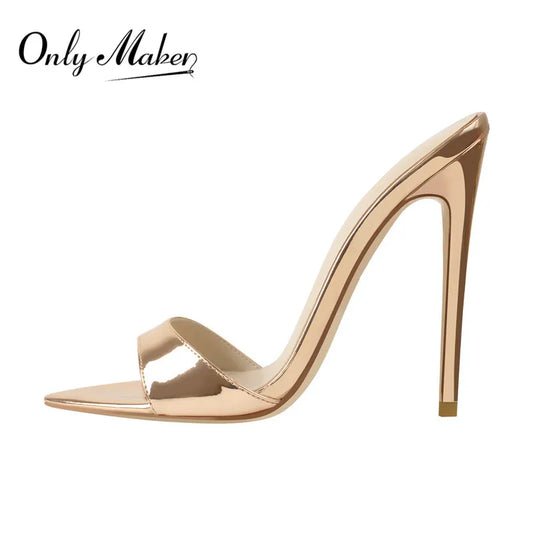 Women Peep Toe Mules Gold Slip On Thin High Sandals Big Size Classic Fashion Lady Sandals