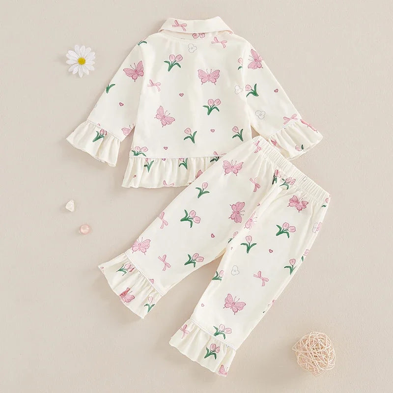 Fashion Children Kids Baby Girls Pajama Sets Strawberry/Butterfly Print Ruffles Long Sleeve Button Shirts Tops Pants Loungewear