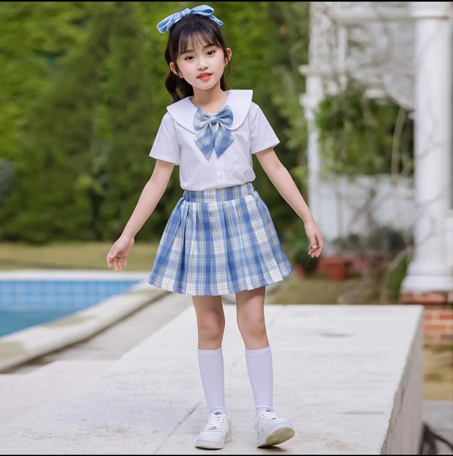 Girls College Style Jk Uniform Pleated Skirt + Short Sleeves Shirts Summer Children Big Kids School Students Sweat Clothes 0-12Y