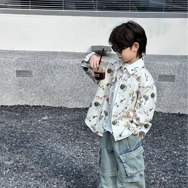 ARWEN & AJH GROUP Korean Style New Spring Baby Boys Casual Versatile Shirt Cartoon Print Turn-down Collar Long Sleeve Shirt Children Clothes E4002