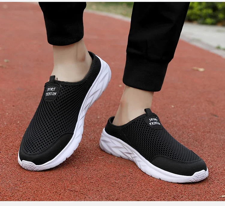 YRZL Men Half Slipper New Style Lat-soled Wild Flat-bottomed Summer Breathable Mesh Thin Section Baotou Slippers Man