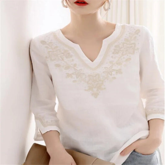 Cotton Shirt For Women Pullover 3/4 Sleeve Split Top Summer Clothes V-Neck Embroidery Loose Female Blouses White Casual Shirt