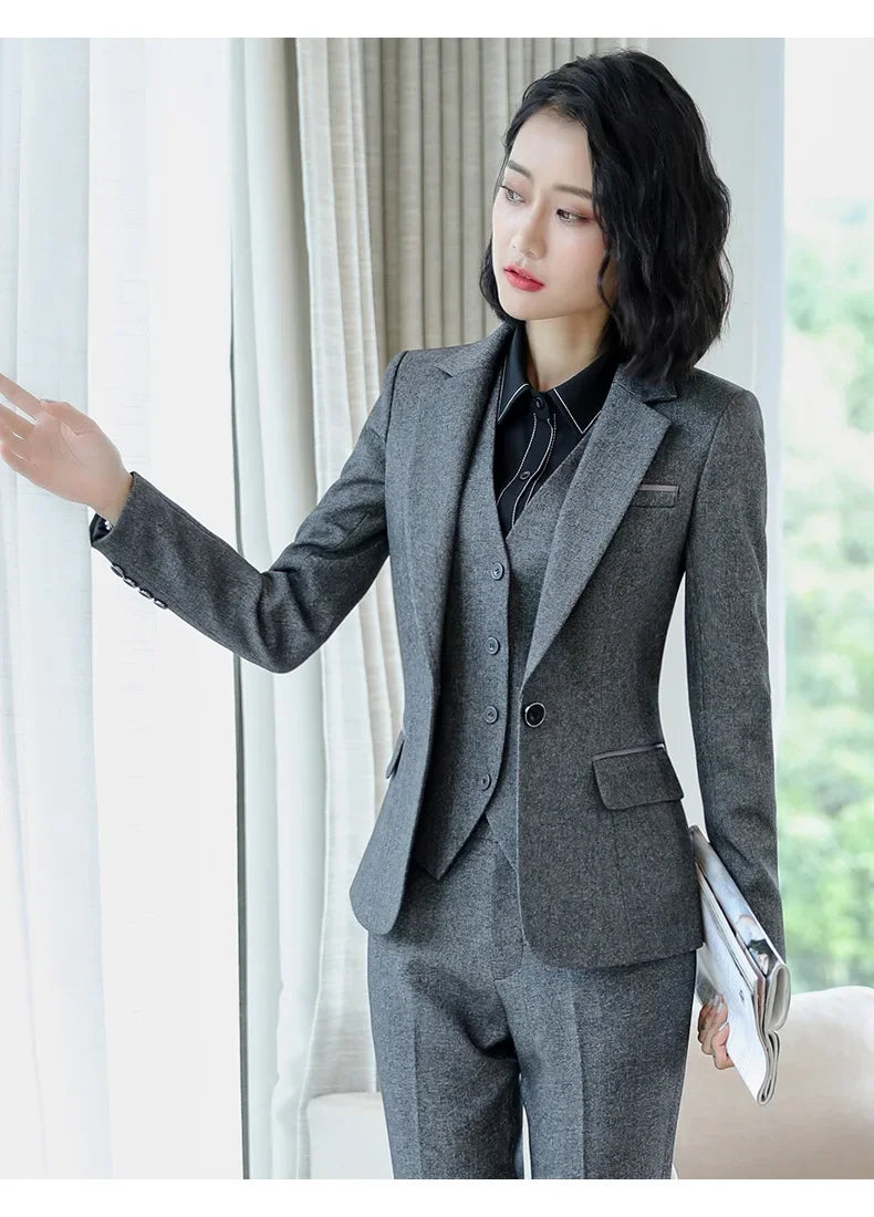 Spring Black Gray Blazer Set for Women Uniform Lady Work Outfit with Skirt Office Suits Female Formal Elegant 2 PCS