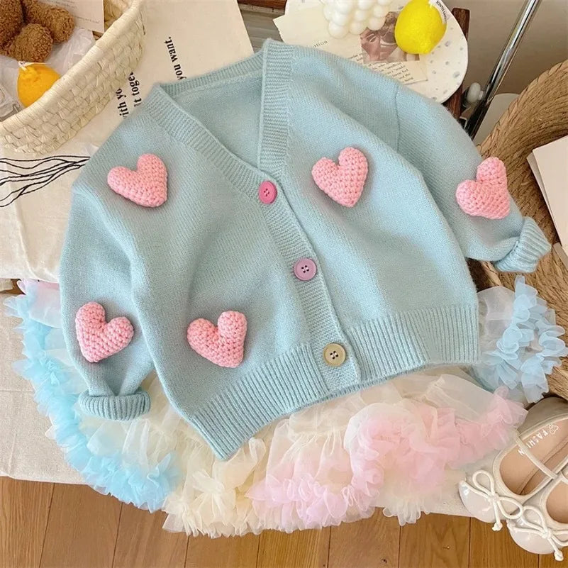 2024 Korean Kids Clothing  Sweaters Autumn Tutu Coat Three-Dimensional Love Knitted Cardigan Girls Jacket Baby Girl Clothes 2-8Y