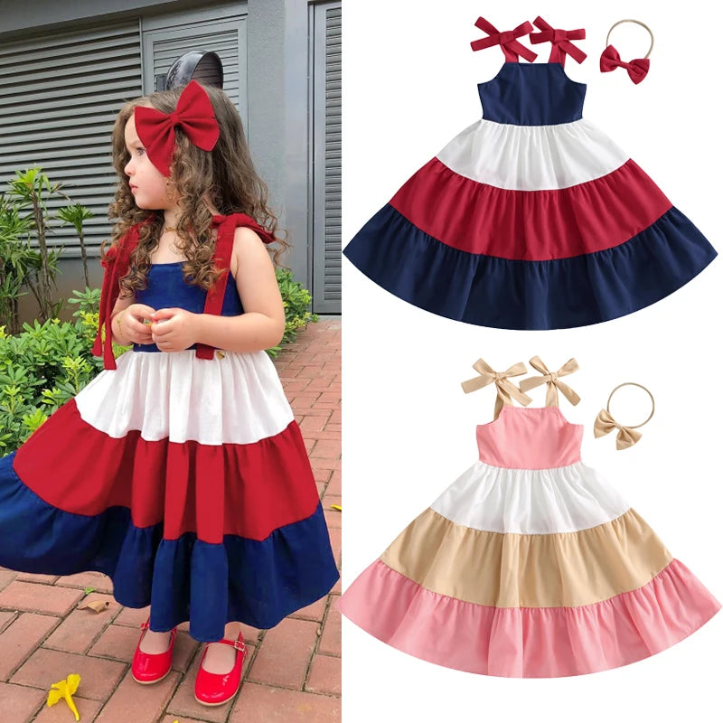 3 Colors Summer Fashion Kids Girls Dress Color Match Tie-Up Shoulder Straps Sling Ruffles Sundress Headband