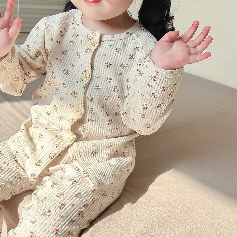 Baby Pajamas Set Loungewear Sleepwear for Kids Long Sleeve Boy Girl Breathable Cotton Waffer Top and Bottom Children's Clothes