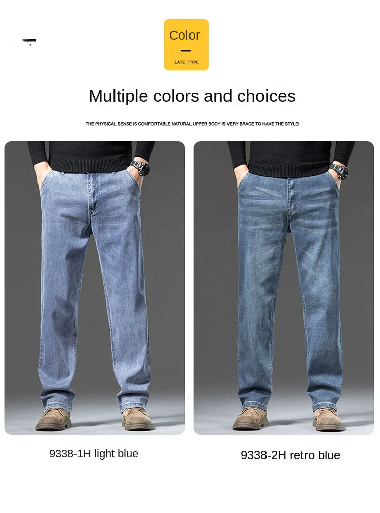 Autumn and Winter Lyocell Jeans Men's Loose Straight Business Pants High Waist Retro Spring and Fall Thick Section Retro Blue Of