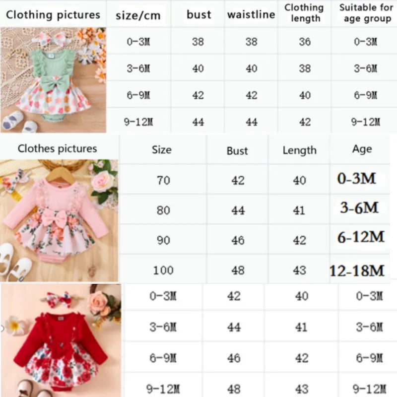 2pcs Infant Baby Girls Romper Dress Patchwork Flower Print Lace Sleeveless/Long Sleeve Crew Neck Front Bowknot Jumpsuit Headband