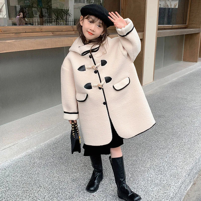 2024 Autumn Winter Girls Hairy Coat Fashion Design Long Coat for Girls Kids Outerwear Grid pattern 4 to 12 years old