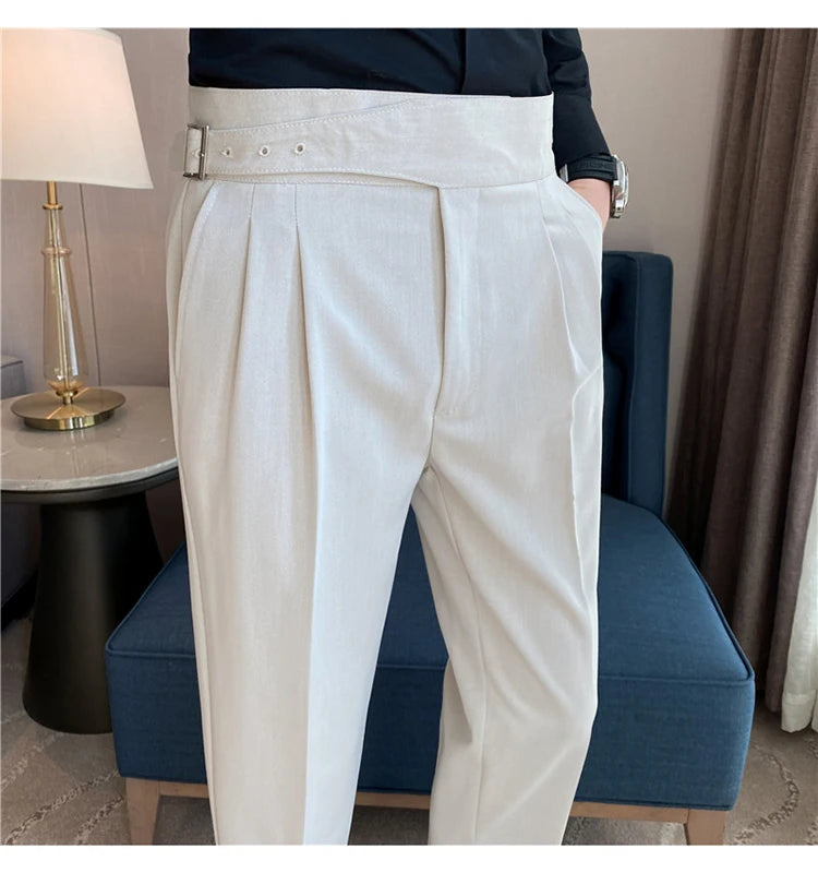 British Style Men High Waist Casual Dress Pant Men Belt Design Slim Trousers Formal Office Social Wedding Party Dress Suit Pants