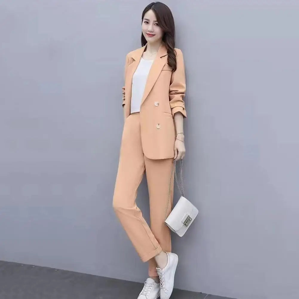 Women Spring Coat Elegant Women's Business Suit Set with Double-breasted Coat High Waist Pants for Formal Office Wear Commute