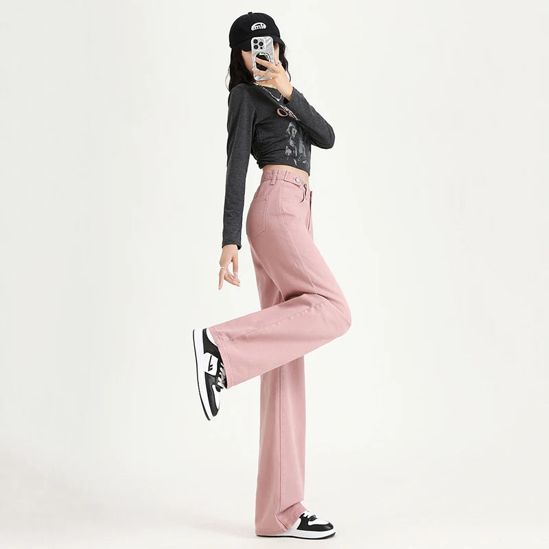 ARWEN & AJH GROUP مجموعه اروين Womens Straight  Jeans Adjust Elastic High Waist Vintage Denim Pants Leisure Streetwear Style Fashion Loose Wide Leg Trousers