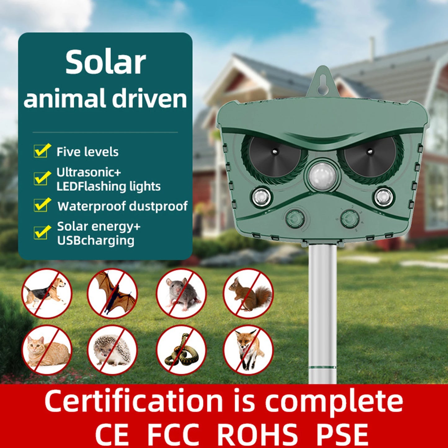 Ultrasonic Animal Repellant Outdoor Solar Cat Dog Repellant Waterproof Animal Deterrent for Orchard Greenhouse Farm Yard