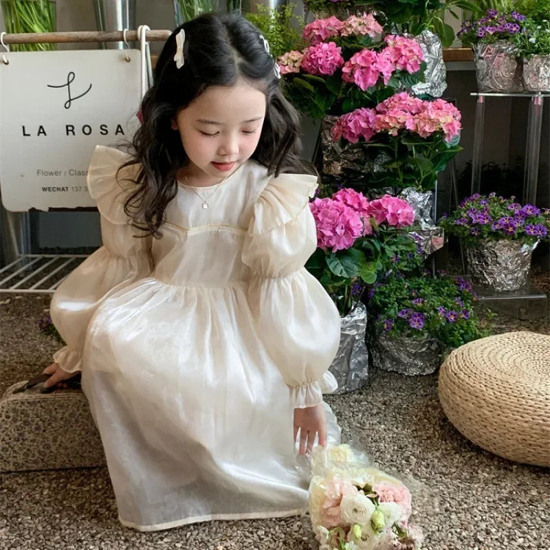 Girls Princess Party  Autumn Children's Dresses Girls'dresses Long Sleeve Dress Baby Champagne Puffy Gauze Dresses Children's