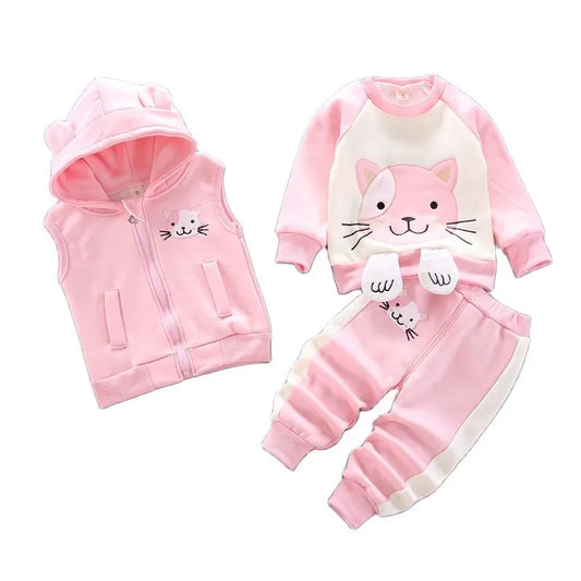 Winter Cold Children Set Boy Girl Thicken Plush Warm 2024New Cartoon Bear Vest+Top+Pant 3Pcs for Kids Clothes Baby Clothing Set