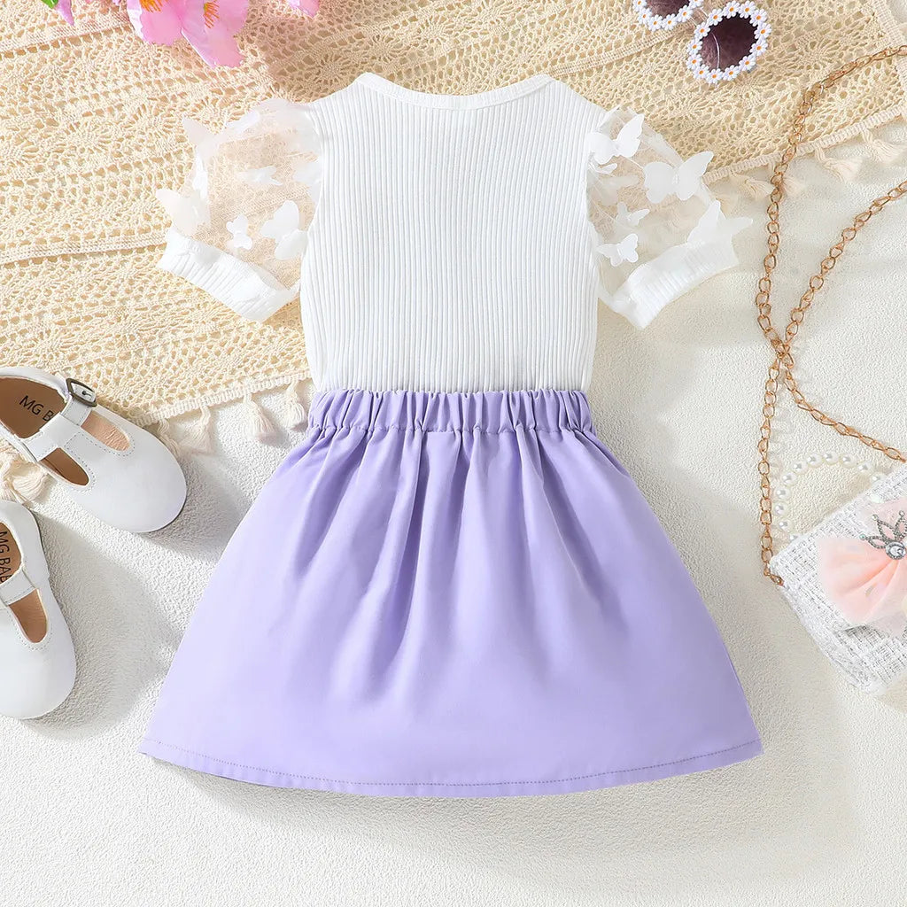 Kid Girl  Puff Tulle Sleeve Bow Blouse and Elastic Pleated Skirt Summer Outfit Toddler Infant Clothing Set Kids Wear Ootd