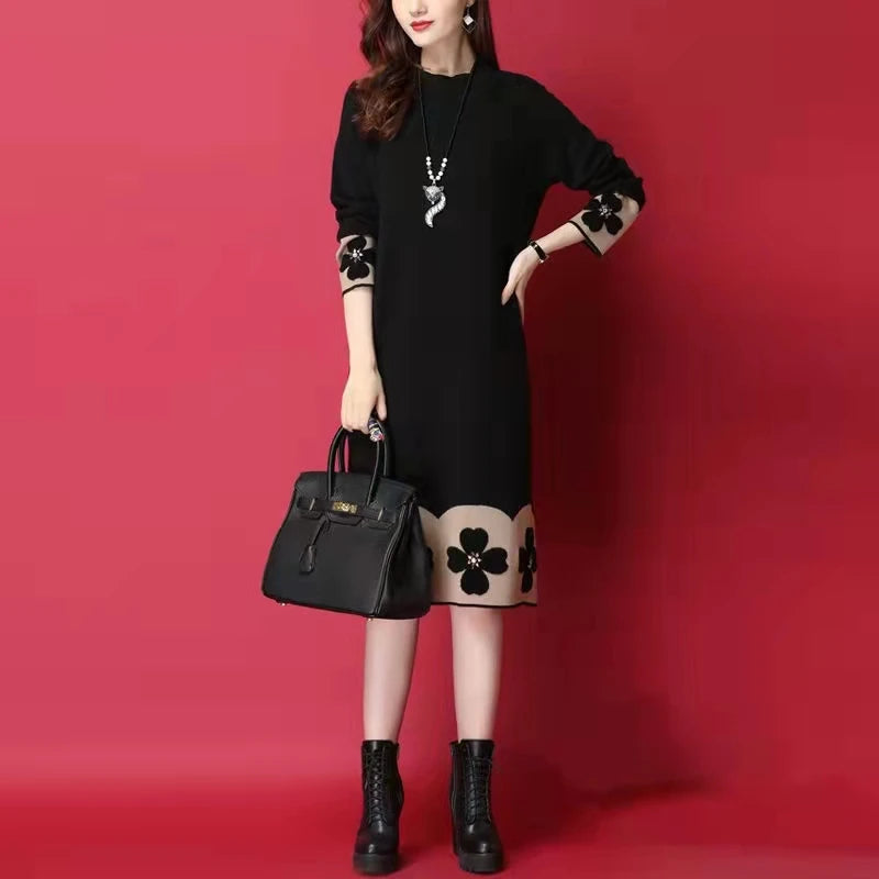 Female Black Knitted Cotton Floral Midi Sweater Dress Autumn Winter Long Sleeve Thick Warm Dress 2024 Korean Vintage Party Dress