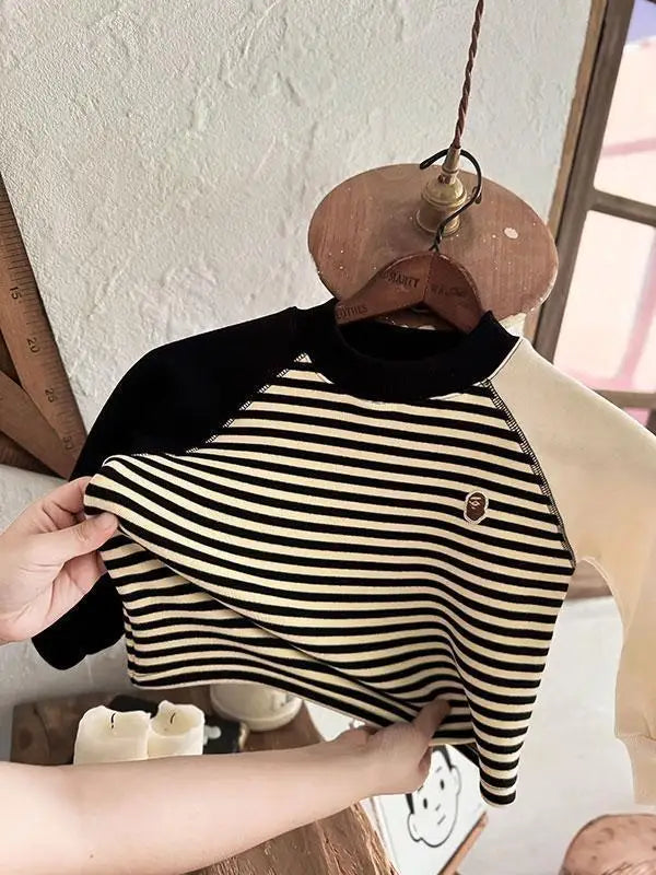 Autumn Winter Children Boy Striped Sweatshirt Cotton Spliced Long Sleeve Velvet Toddler Boy Pullovers Infant Baby Boy Undershirt