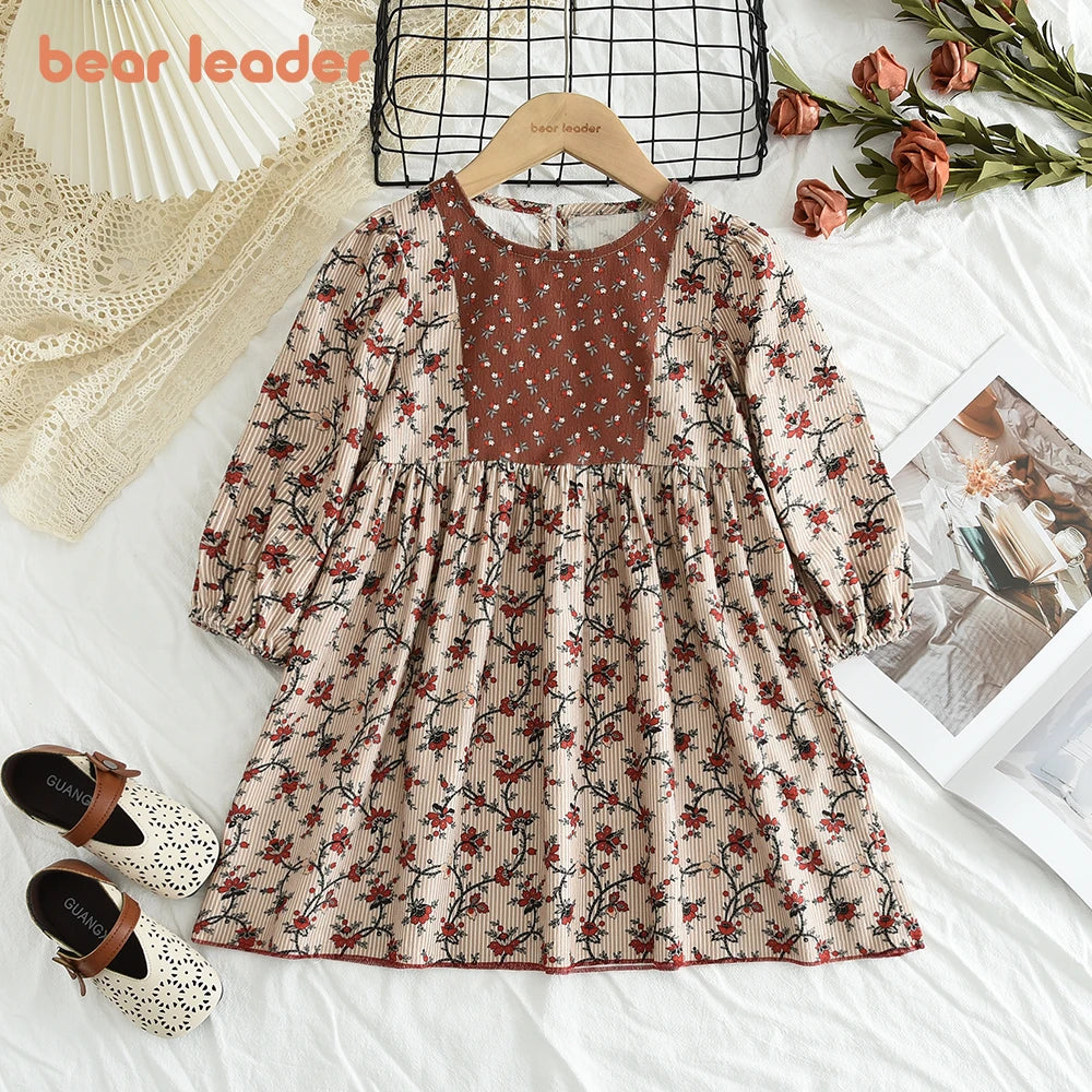 Bear Leader Autumn Girls 3-7 Years Old Khaki Floral Round Neck Long Sleeved Corduroy Dress Children's Casual Wear Girls Clothes