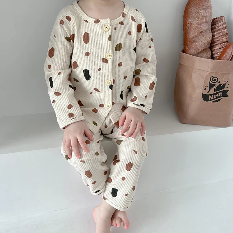 Baby Pajamas Set Loungewear Sleepwear for Kids Long Sleeve Boy Girl Breathable Cotton Waffer Top and Bottom Children's Clothes