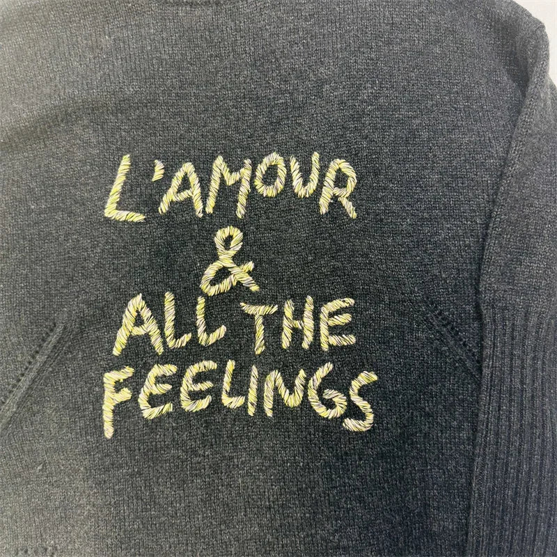 Luxury Fashion 2024Winter Jumper Letter Embroidery Women Sweater Cashmere Long Sleeve Sides Slit Loose Female O-neck Clothing