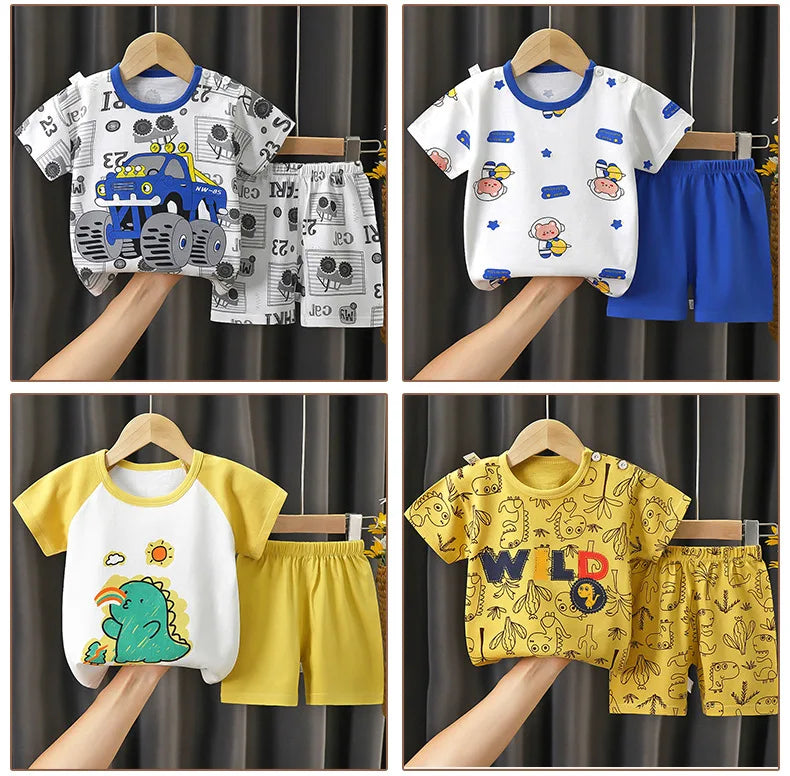 2024 New Kids Boys Girls Summer Pajamas Cute Cartoon Print Short Sleeve T-Shirt Tops with Shorts Toddler Baby Clothing Sets