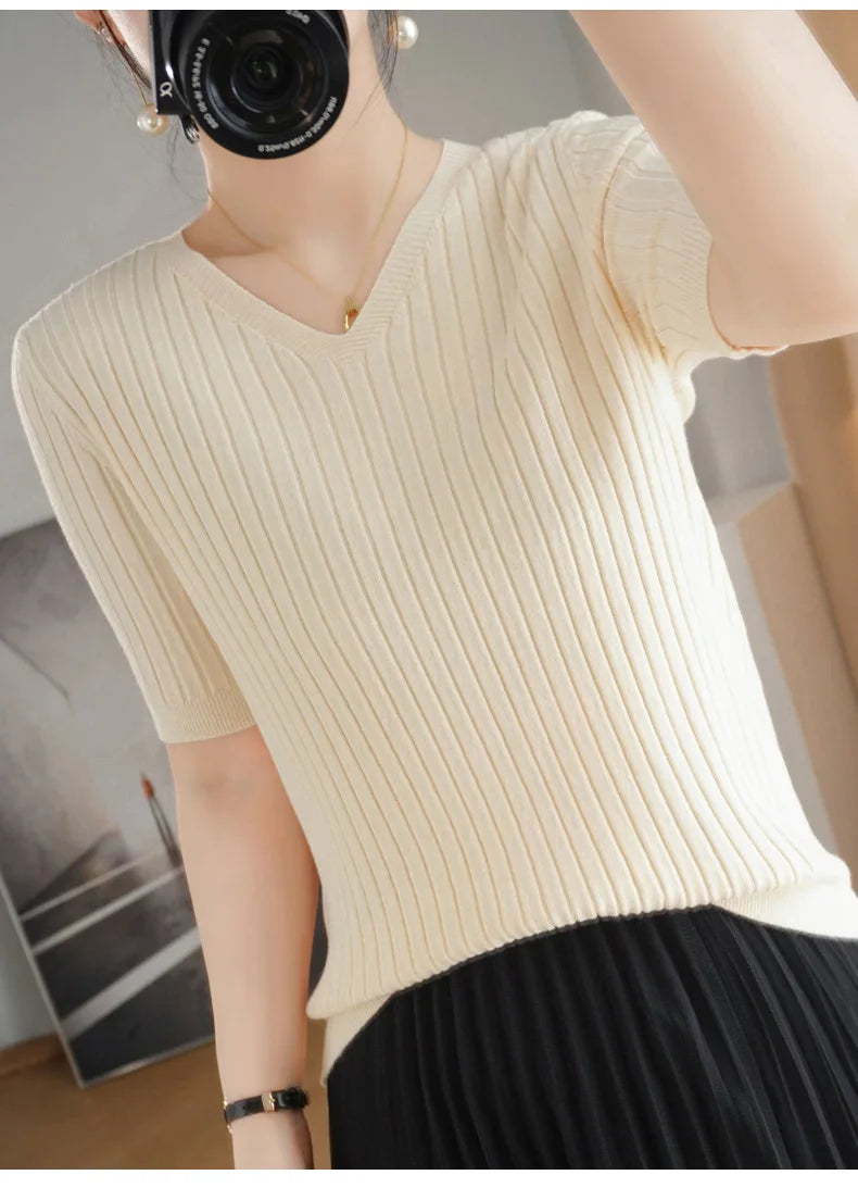 2024 new Women's Clothing Pullovers Sweaters Spring Summer New V-neck Short sleeved Knitted Shirt Base Shirt Solid Color Jumpers