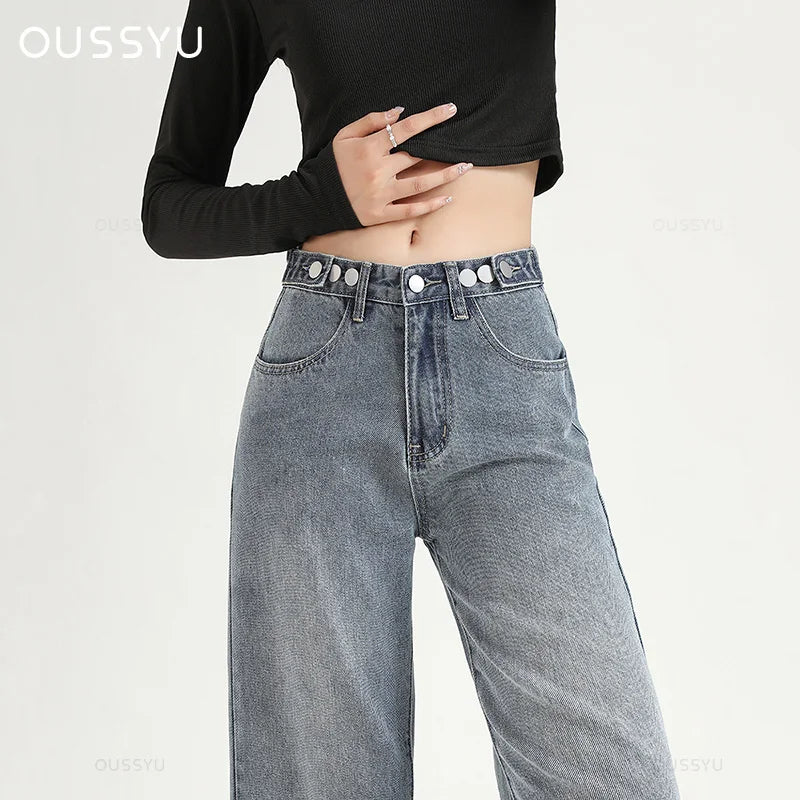 ARWEN & AJH GROUP مجموعه اروين Womens Straight  Jeans Adjust Elastic High Waist Vintage Denim Pants Leisure Streetwear Style Fashion Loose Wide Leg Trousers