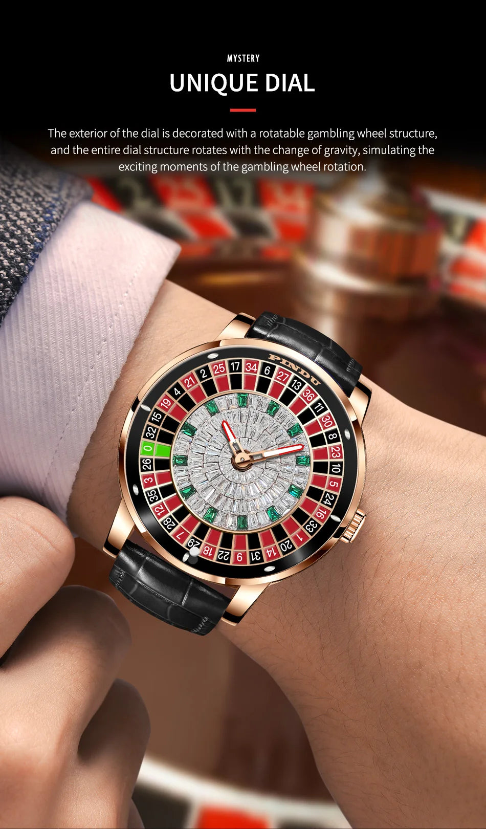 PINDU Design New Mechanical Watch NH35 Rotating Dial Las Vegas Roulette Desktop Theme Automatic Watch Men Diamond Luminous Hands