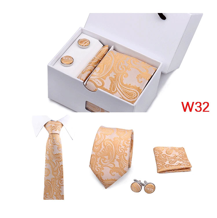 Mens Tie Set In A Box Paisley Ties For Men Gifts Luxury Necktie Pocket Square Cufflinks Wedding Business Formal Suit Tie