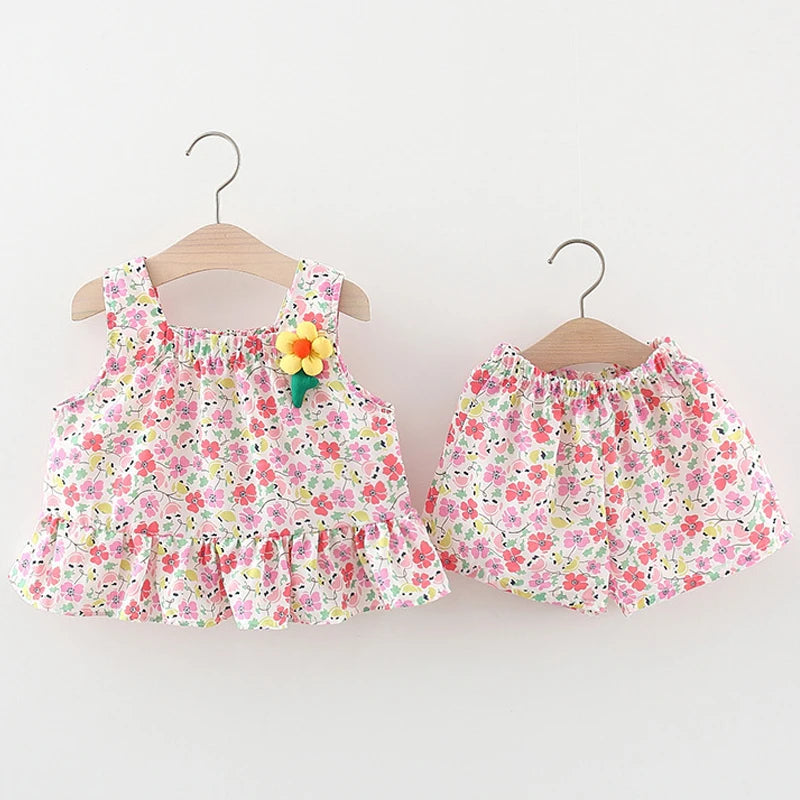 Baby Girl Clothes Set Full Flower Print Sweet Child Loungewear Toddler Girl Outfit Strap Vest+Short Pant 2Pcs Girl Suit A1207