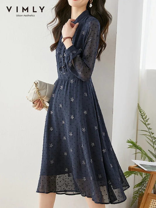 ARWEN & AJH GROUP Embroidery Floral Chiffon Dresses for Women  Spring Autumn Long Sleeve Elastic Elegant Midi Dress Women's Clothing