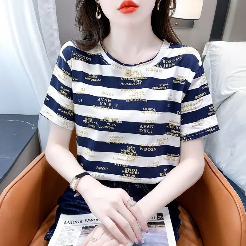 Fashionable Striped Short Sleeve T-Shirt Women Loose Letter Print 2024 Summer Trendy Korean Style Aesthetic Clothes