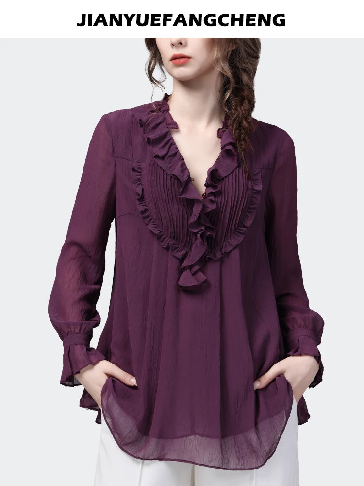 Loose-fitting Purple Ruffles Chiffon Blouse Women' 2024 Spring Summer Tops Long Sleeve V-Neck Fashion Casual Office Lady Blous