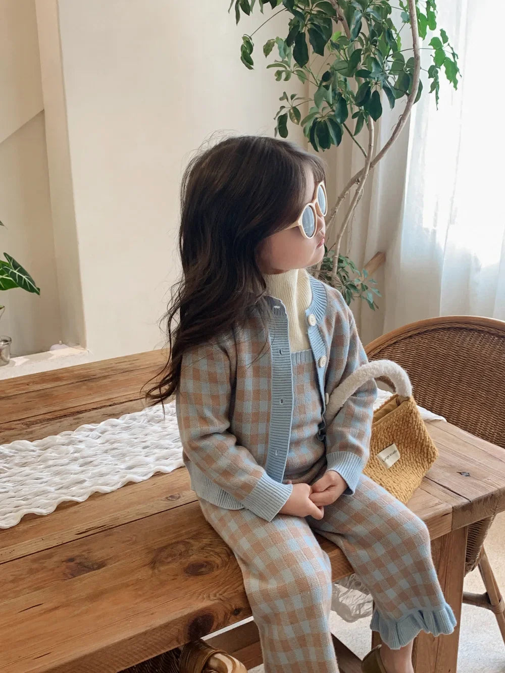 Children Clothing Set 2024 Autumn New Fresh Plaid Girl's Knitted Set Sweater Cardigan +Vest+Pant Sweet Three Piece Suit