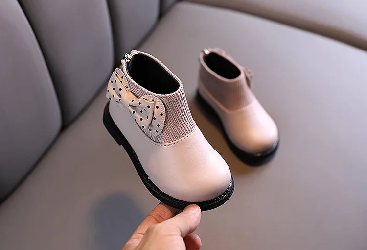 Children's Cotton Boots Winter New Kids Shoes Bow Girls Soft Bottom PU Leather Boots Baby Side Zipper Design Boots Toddler Shoes