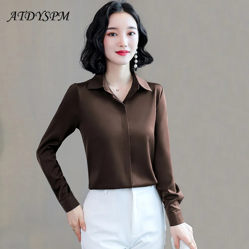 ARWEN AJH  Fashion Woman Blouses 2024 Office Lady Simplicity Hidden Breasted Silk Satin Shirts For Women Basic Clothing Female Casual Tops