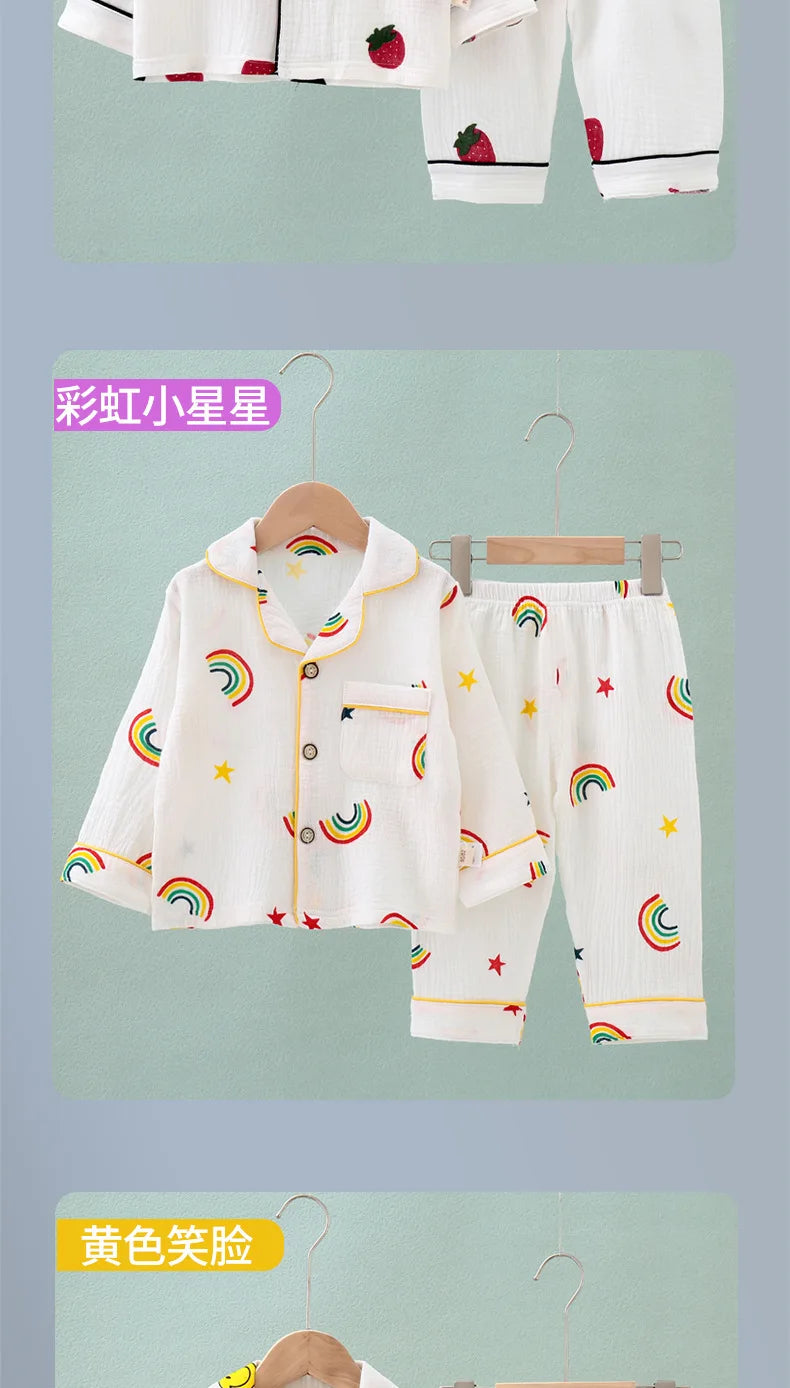 Kids Summer Thin Pajamas Sets New 2023 Boys Girls Cotton Linen Cartoon Long Sleeve Lapel Shirt Tops with Pants Baby Home Wear