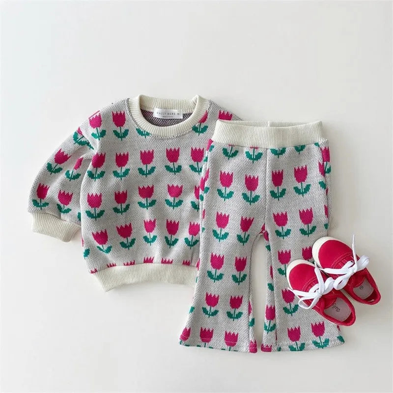 2024 Autumn Toddler Baby Girl Clothing Set Girls Knitted Sweater Tops + Flared Pants 2 Pieces Knit Suit Children Outfits Clothes