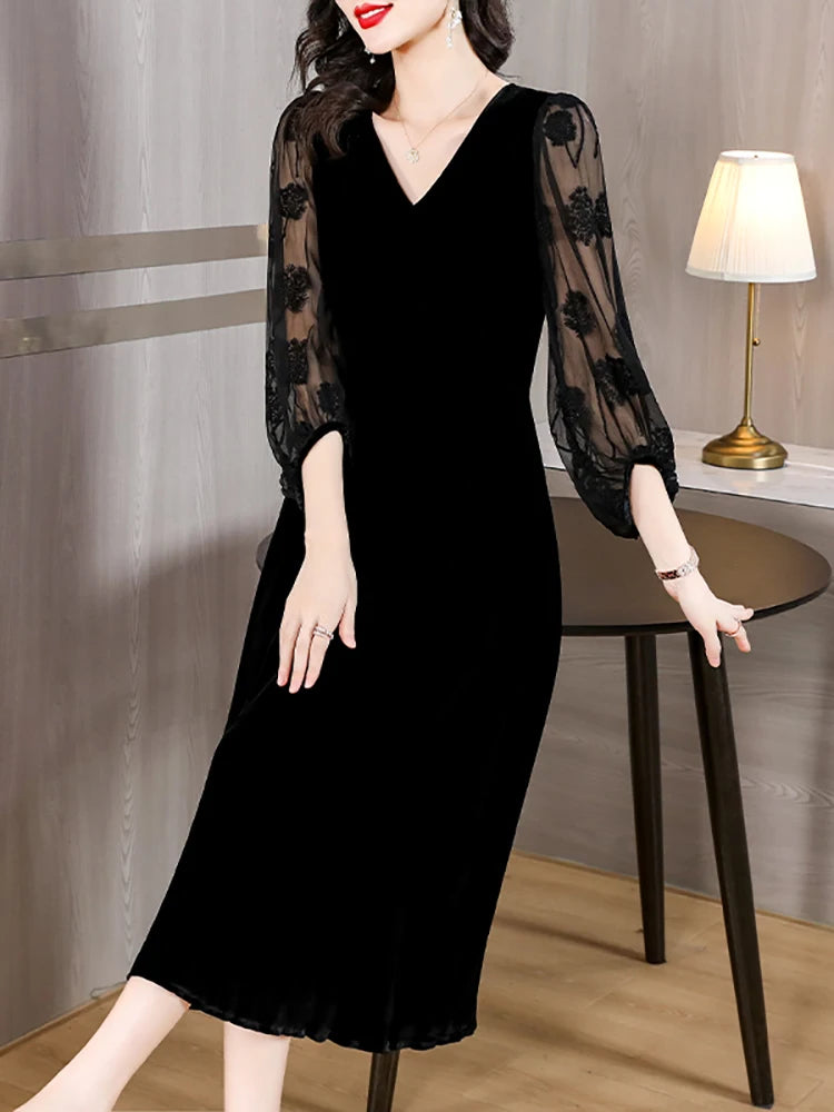 مجموعة أروين Women Elegant Luxury Party Evening Dress 2024 Black Velvet Patchwork Embroidery Sleeve Dress Autumn Winter Vintage Hepburn Dress