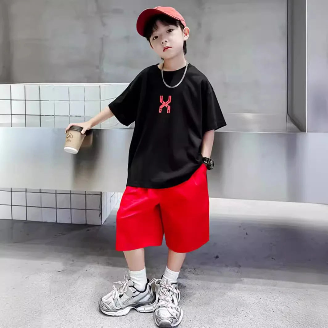 Junior Boy Summer Short-sleeved Suit Loose T-shirt + Shorts Sports Two-piece Suit Trendy Loungewear Outfit Children's Set