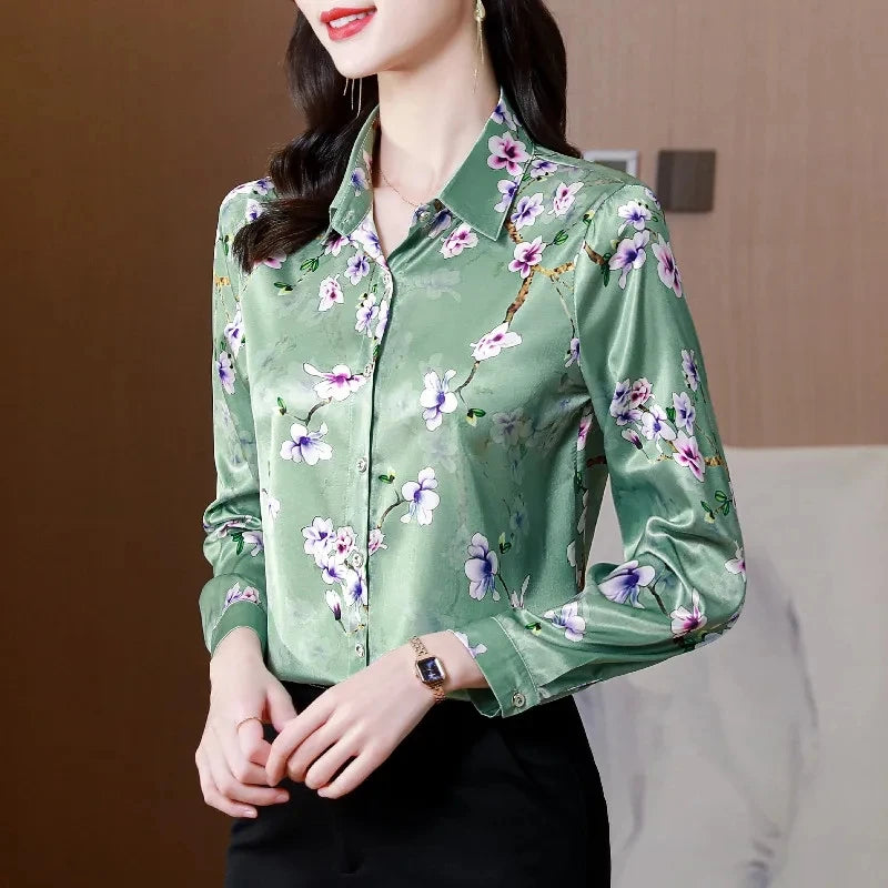 ARWEN & AJH GROUP Chic Printed Casual Office Shirts For Women Long Sleeve Silk Satin Fashion Women Blouses 2024 Elegant Female Tops  ARWEN & AJH GROUP