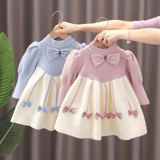 Autumn Winter 2024 Toddler Girl Dress Loose Fleece Warm Round Collar Knotbow Baby Girl Dress Knitted Little Girls Princess Dress